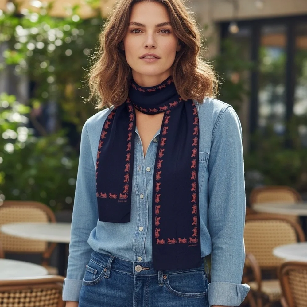 Celine Paris Navy and Red Silk Long Scarf